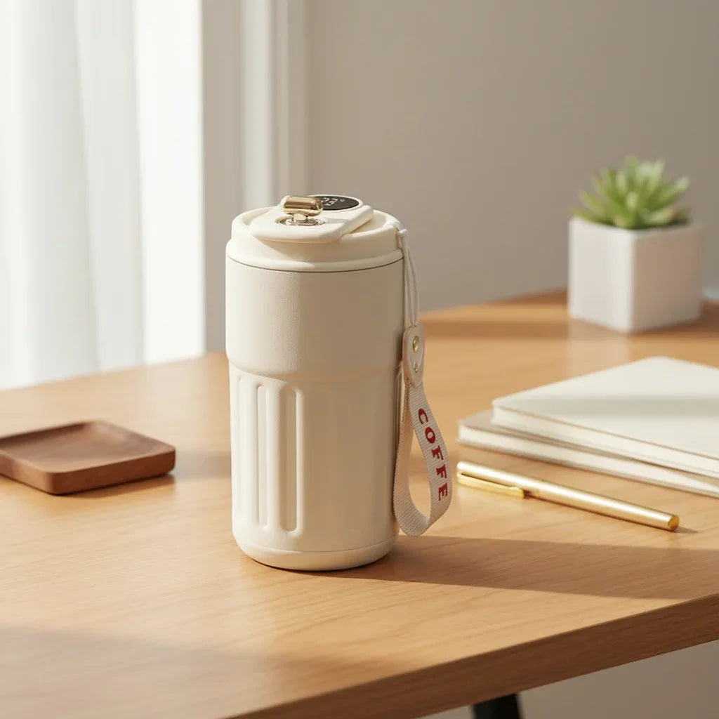 Mug isotherme ThermoSmart avec affichage température, rangement chic, sur bureau, La Boutique du Thermos