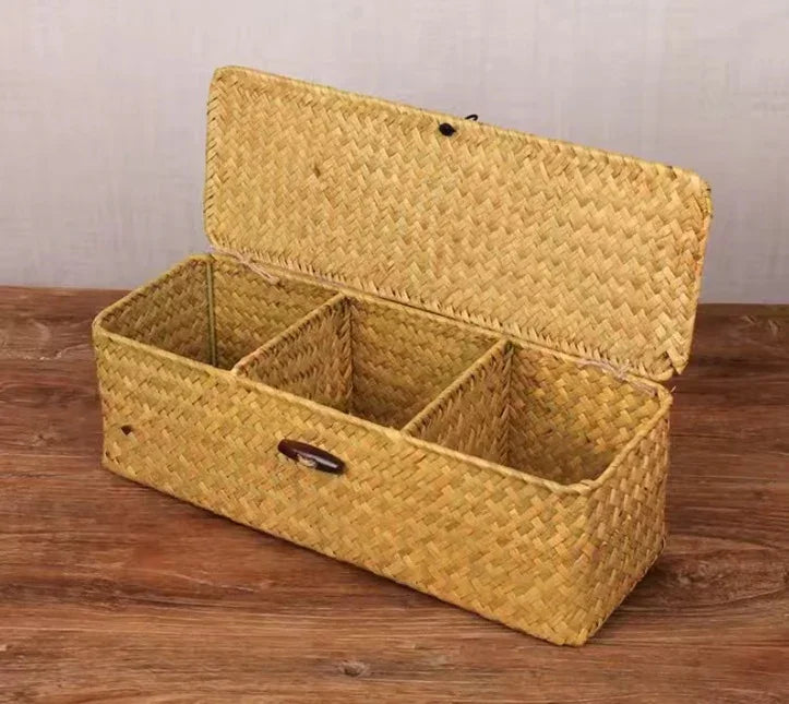 Boîte de rangement en osier chic Lareine Décoration, panier tressé compartiments long