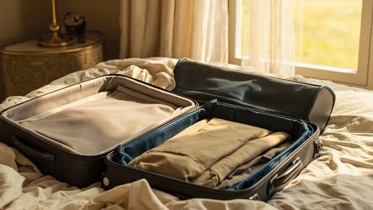 valises ouvertes avec organiseurs élégants sur un lit lumineux et chic