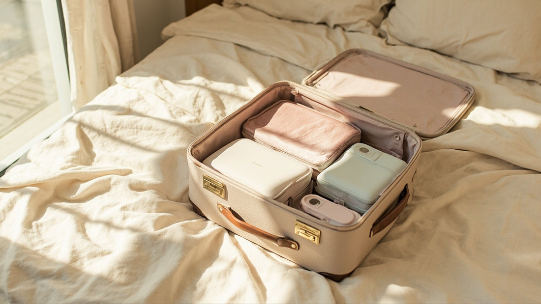 open suitcase with pastel organizers on a beige bed in soft natural light