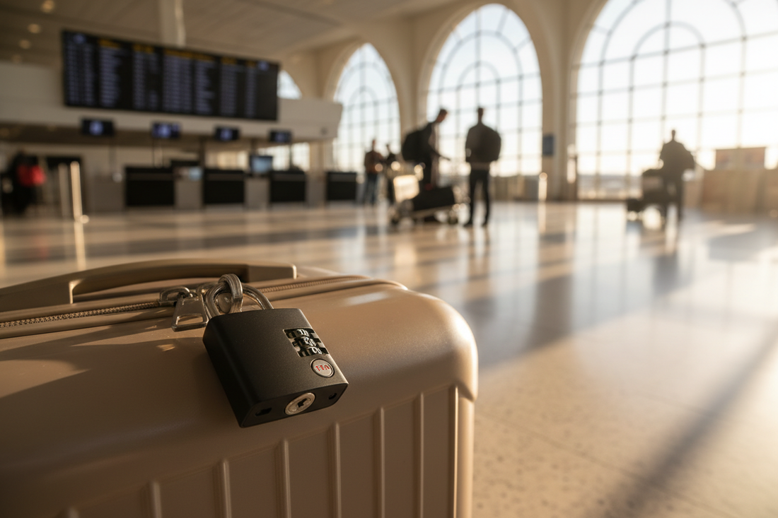 un cadenas TSA moderne fixé sur une valise rigide haut de gamme, avec un arrière-plan d'aéroport flou 
