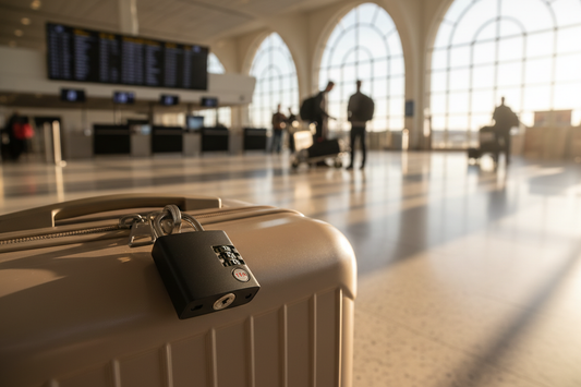 un cadenas TSA moderne fixé sur une valise rigide haut de gamme, avec un arrière-plan d'aéroport flou 
