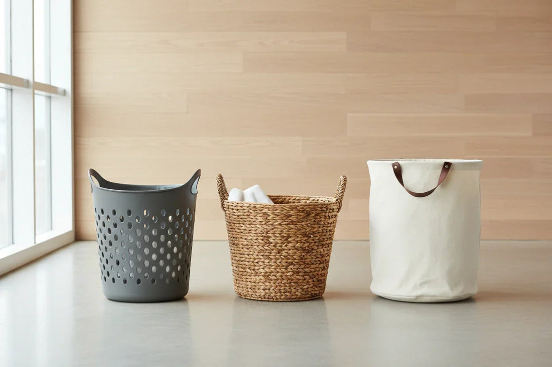 Panier en plastique : Léger, facile à nettoyer. Panier en osier : Esthétique naturelle, attention à la poussière. Panier en tissu : Pliable, doublure amovible.