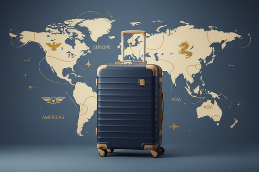 une valise cabine élégante sur fond de carte du monde