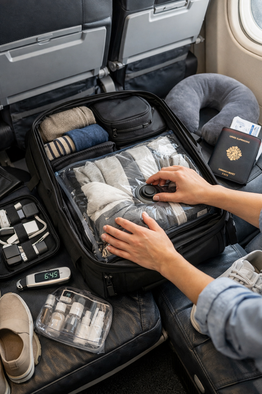 Préparation de bagages en avion