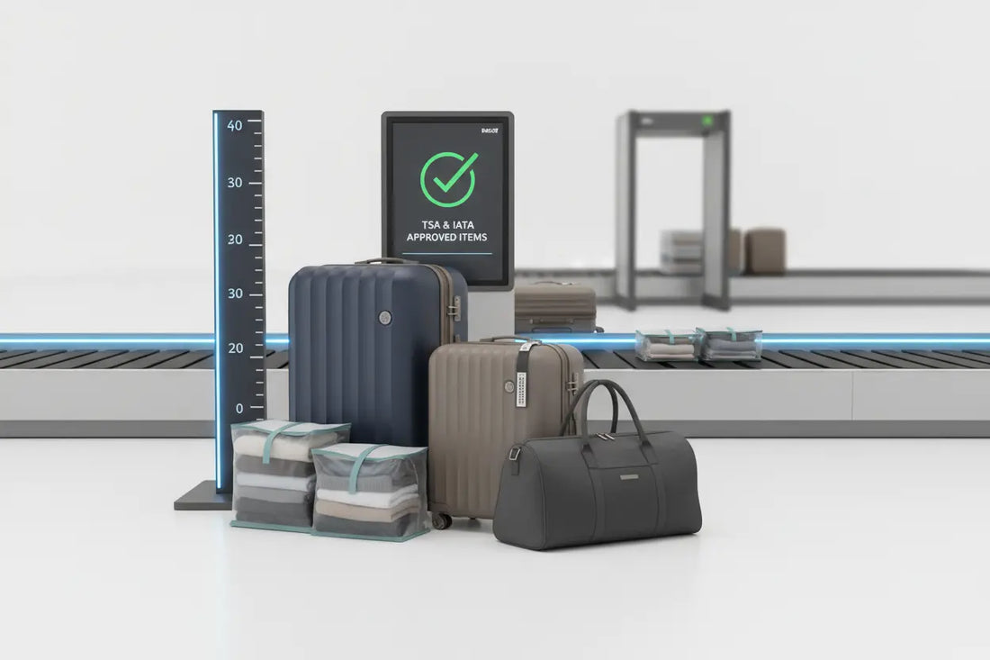 Flat-lay accessoires de rangement voyage : cubes de rangement, trousse de toilette, pochettes documents et organisateurs de valise