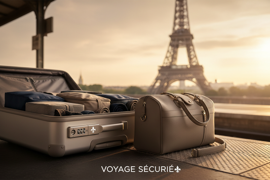 une valise premium avec un cadenas TSA, des cubes de rangement bien organisés, et une ambiance de quai parisien avec la Tour Eiffel en arrière-plan flou