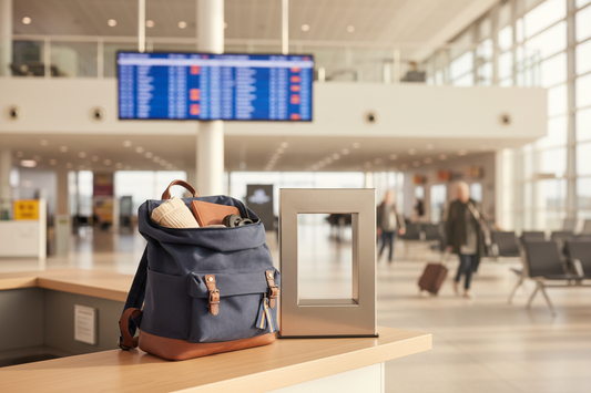 un sac à dos cabine ouvert posé sur un comptoir d'aéroport, avec un gabarit métallique de contrôle des dimensions à côté, sur fond de hall aéroportuaire moderne flou avec tableau des départs