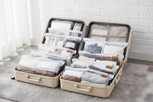 Sacs de compression sous vide de différentes tailles organisés dans une valise ouverte, illustrant le gain de place pour les voyages