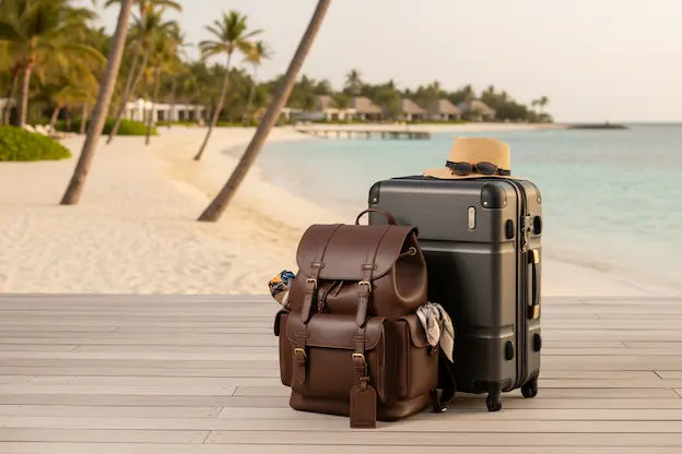 un sac à dos de voyage premium et une valise cabine à roulettes élégants, positionnés dans un cadre tropical paradisiaque avec palmiers et eaux turquoise 
