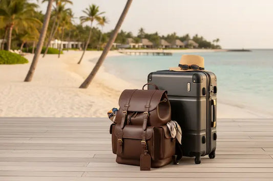 un sac à dos de voyage premium et une valise cabine à roulettes élégants, positionnés dans un cadre tropical paradisiaque avec palmiers et eaux turquoise 