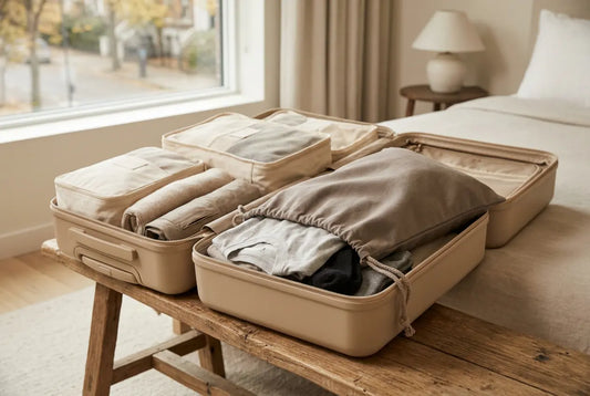 Sac à linge sale de voyage séparé des vêtements propres dans une valise beige ouverte. 