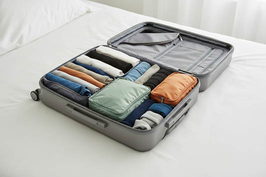 Une valise cabine ouverte sur lit blanc, avec cubes bleu, vert et orange contenant des vêtements bien pliés/roulés
