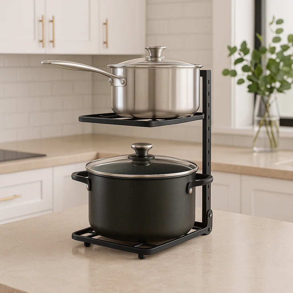 Étagère cuisine noire robuste pour ranger cocottes et poêles.