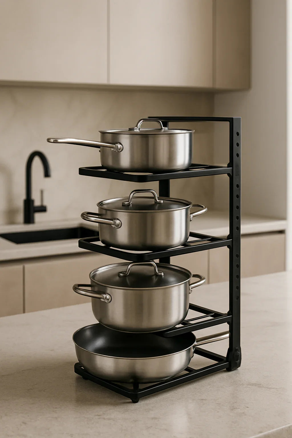 Étagère cuisine noire robuste pour ranger cocottes et poêles.