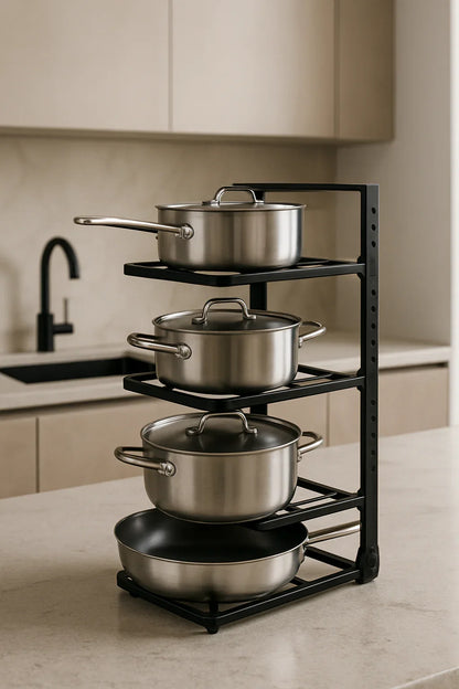 Étagère cuisine noire robuste pour ranger cocottes et poêles.