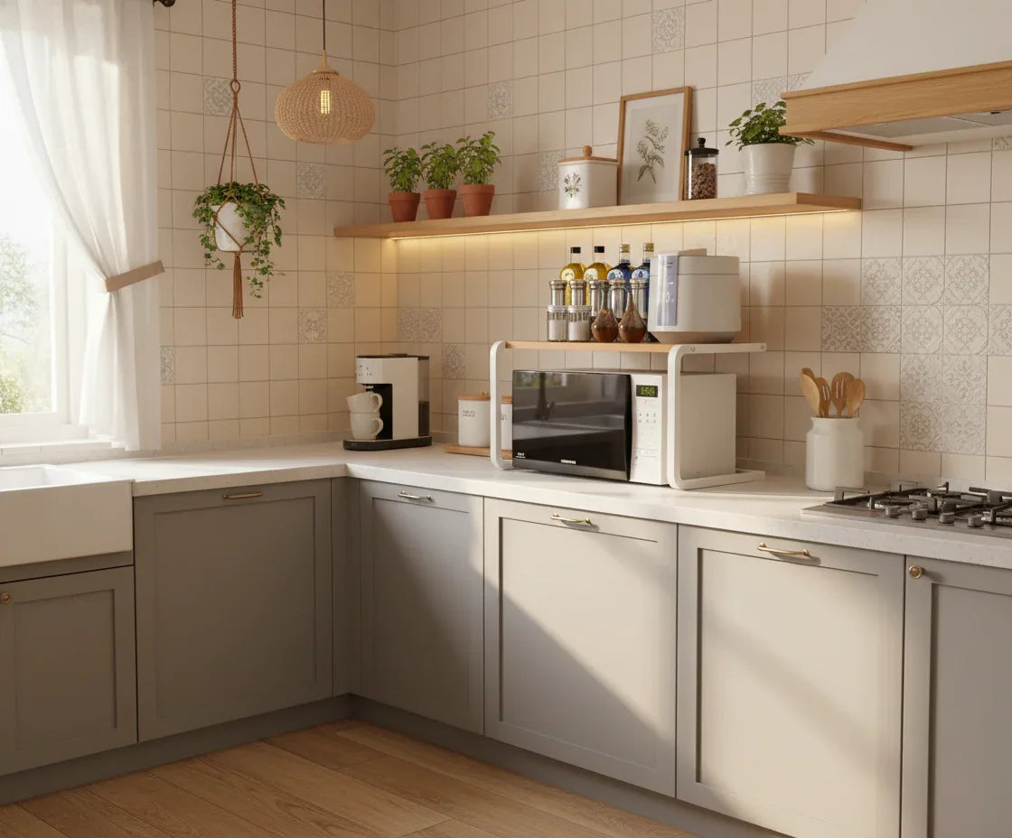 etagere micro onde chic étagère micro onde robuste acier  étagère micro onde design moderne étagère micro onde avec rangement intégré étagère micro onde sur mesure étagère pour four posé sur le plan de travail étagère de comptoir cuisine pratique étagère gain de place pour four à micro-ondes