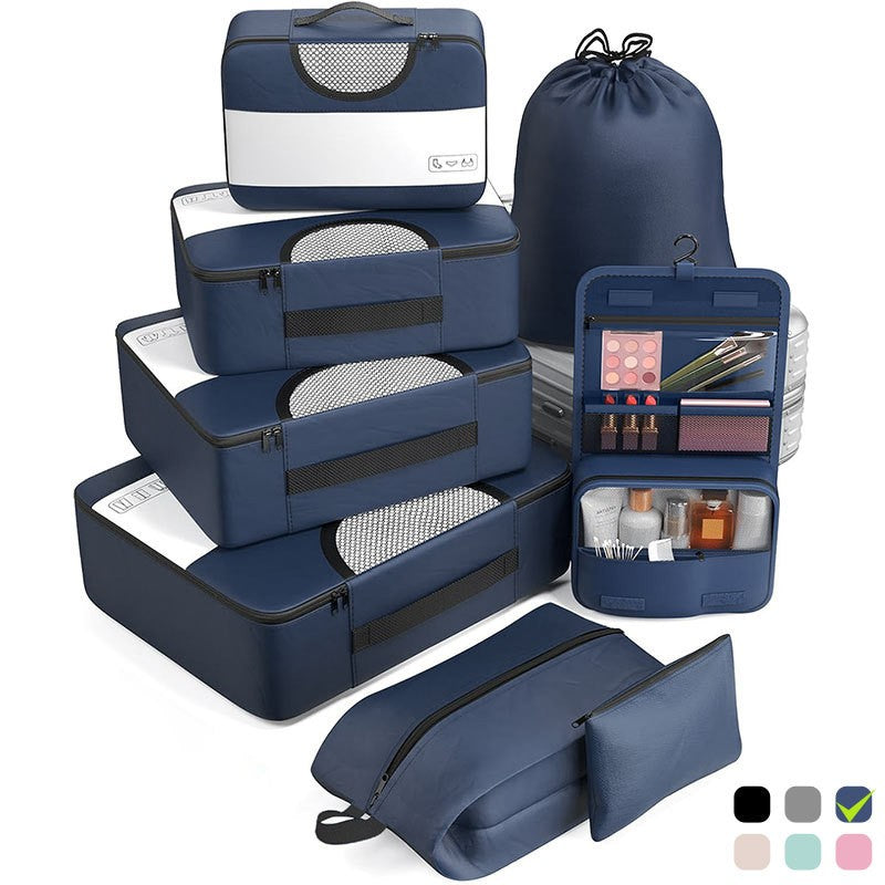 Organisateur de valise CubeFold™ 8 pièces : 4 cubes + trousse suspendue + sac linge → sac à dos. Twill durable, zip métal, mesh aéré. Valise rangée en 30s.