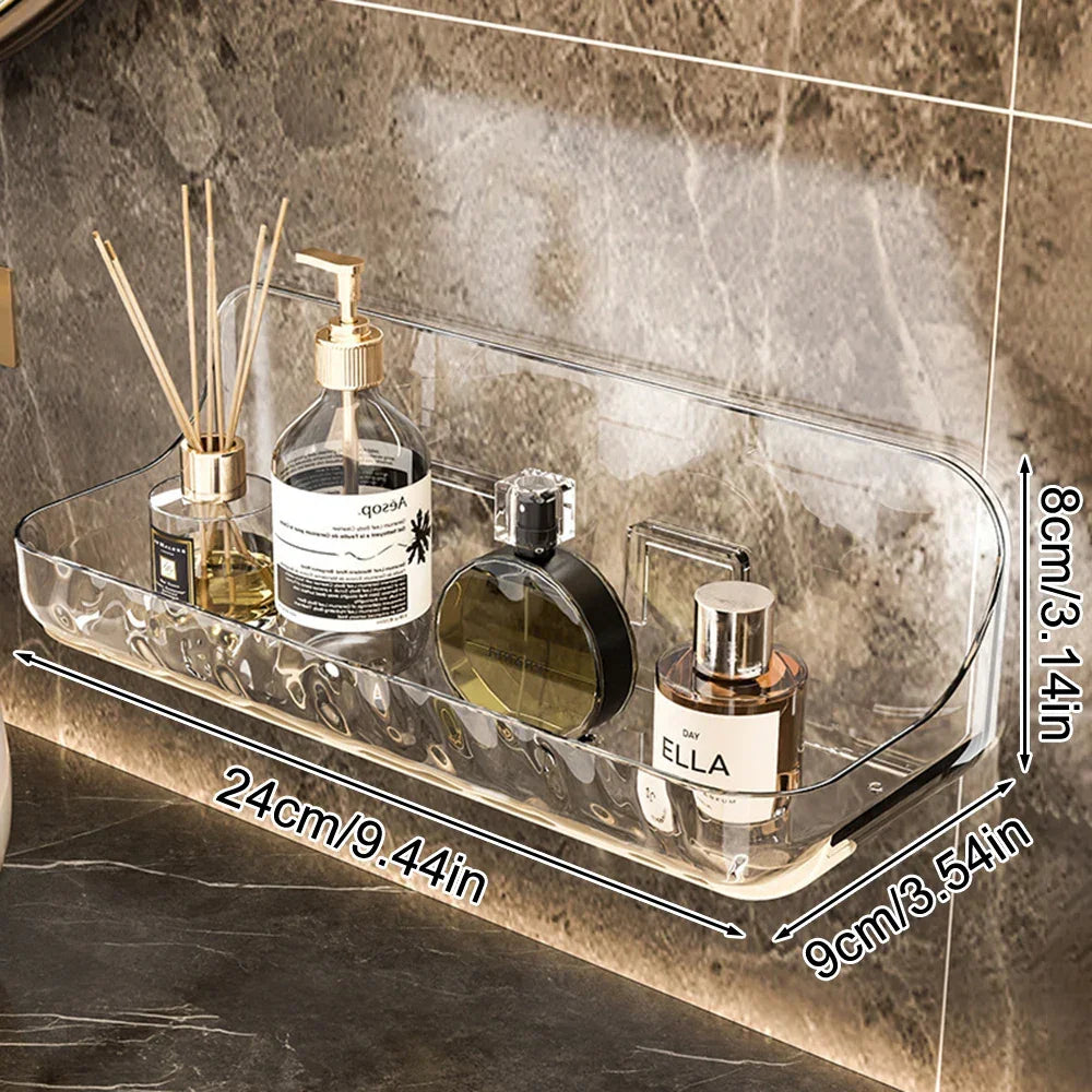 Étagère murale design LumiRack™ – élégante, sans perçage, en acrylique transparent. Sublimez salle de bain et maison avec style et praticité.