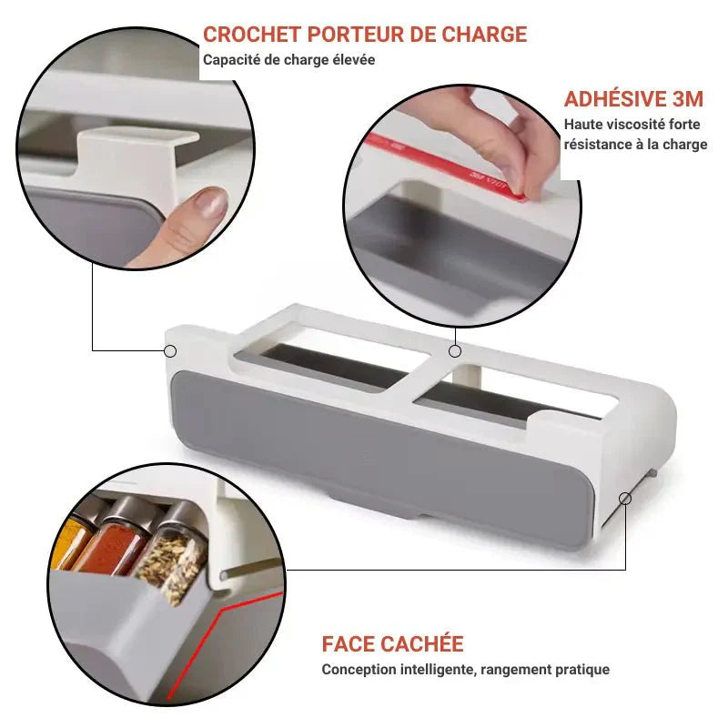 LeTiroirÉpicé™ est un tiroir à épices coulissant sous étagère, un rangement pour épices sans perçage idéal pour optimiser l’espace dans une petite cuisine moderne. Cet organisateur d’épices auto-adhésif au design élégant et discret s’installe facilement grâce à un adhésif 3M VHB ultra-résistant. Ce rangement cuisine gain de place accueille jusqu’à sept pots d’assaisonnement standard, transformant un espace inutilisé en solution de rangement chic et pratique. Parfait comme étagère à épices adhésive, support 