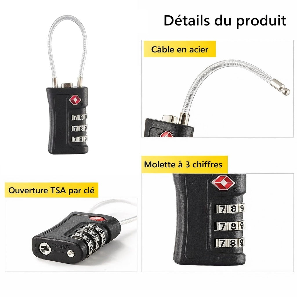 Cadenas TSA avec cable en acier flexible, molette a 3 chiffres et ouverture TSA par cle pour valise et sac de voyage