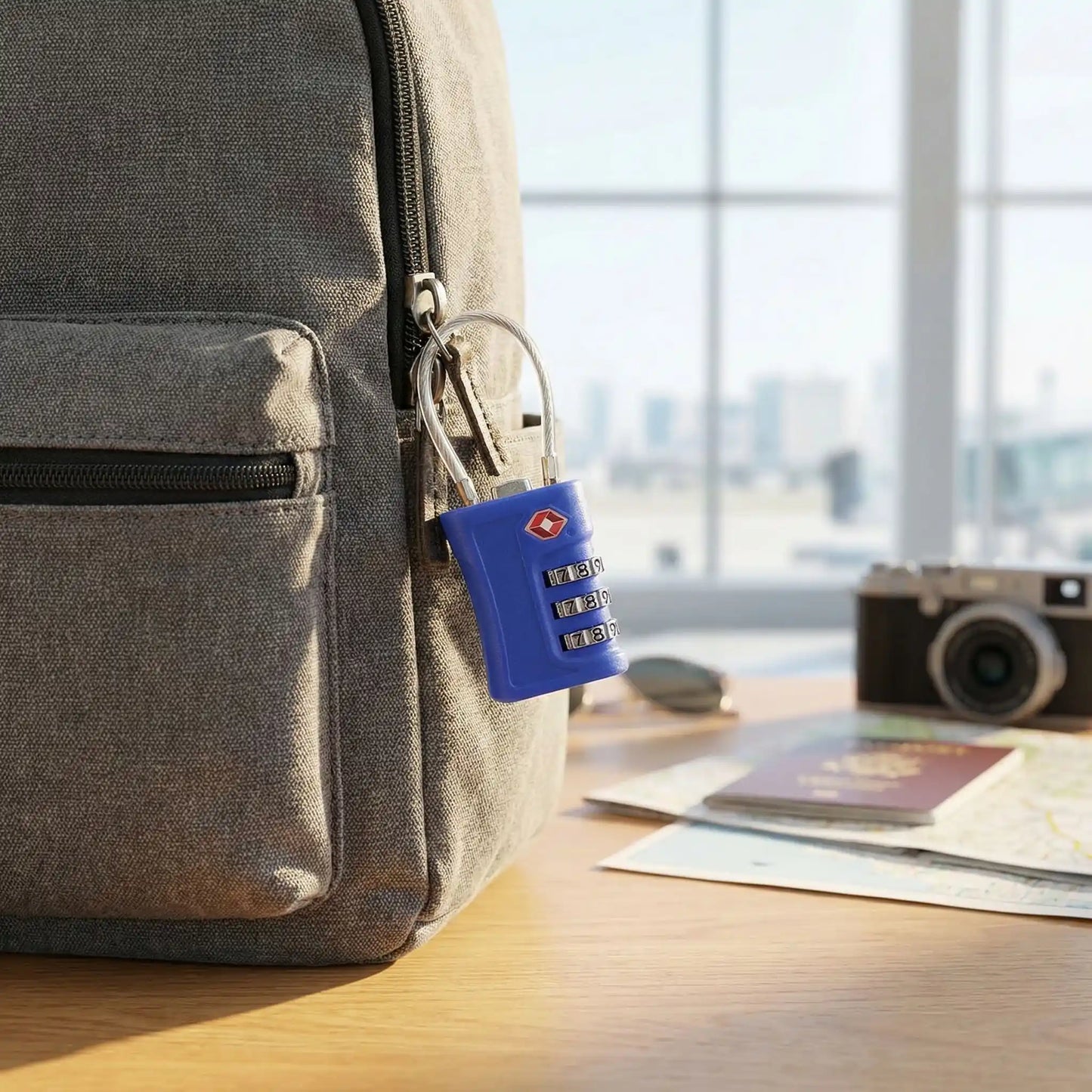 Cadenas TSA discret a code 3 chiffres utilise sur un sac a dos de voyage