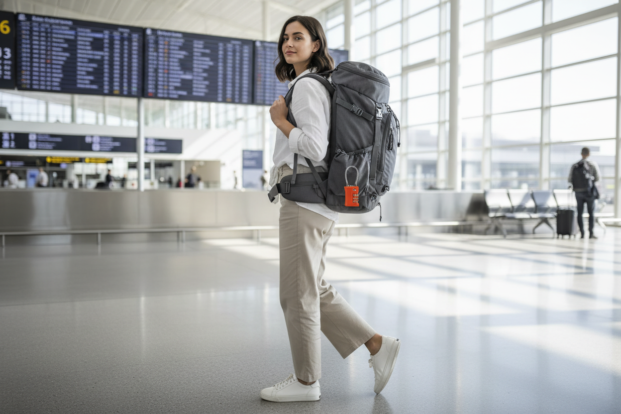 Cadenas TSA securisant un sac a dos de voyage pour avion et controle aeroportuaire