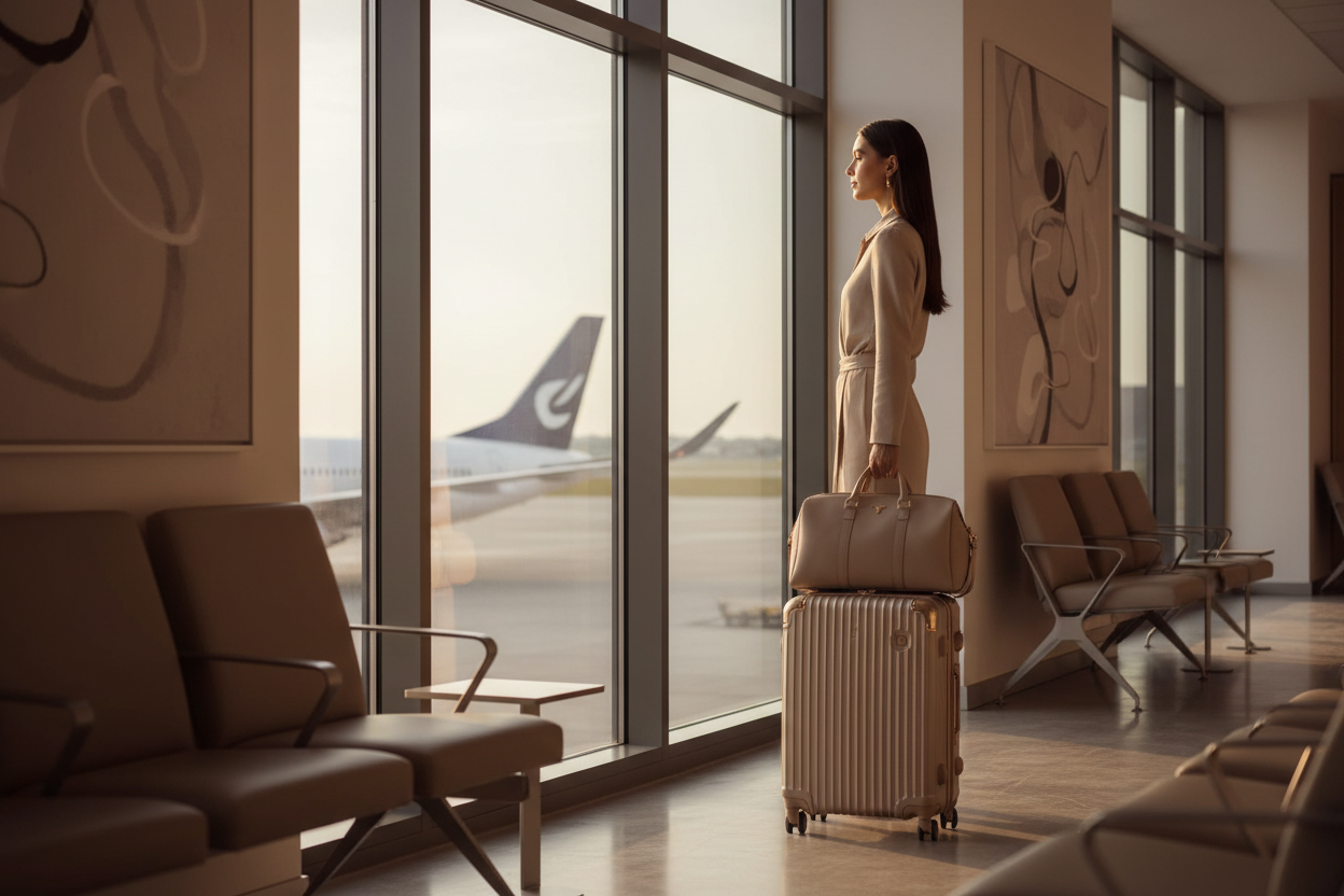 Chic woman traveling at airport with premium luggage