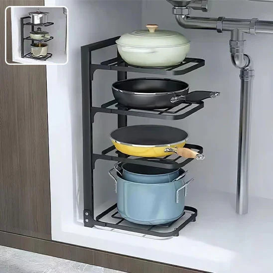 Étagère cuisine noire robuste pour ranger cocottes et poêles.

Organisation parfaite des casseroles dans l'étagère SmartCook™.

Détail du système de clips pour une hauteur réglable sur l'étagère.

Close-up sur la structure en acier inoxydable du range cocotte.

Étagère de cuisine remplie de divers ustensiles, wok et couvercles.

Fonctionnement du système à clipser pour ajuster les niveaux.

Étagère de rangement intégrée dans un placard de cuisine organisé.

Comparaison avant/après montrant le gain de place 