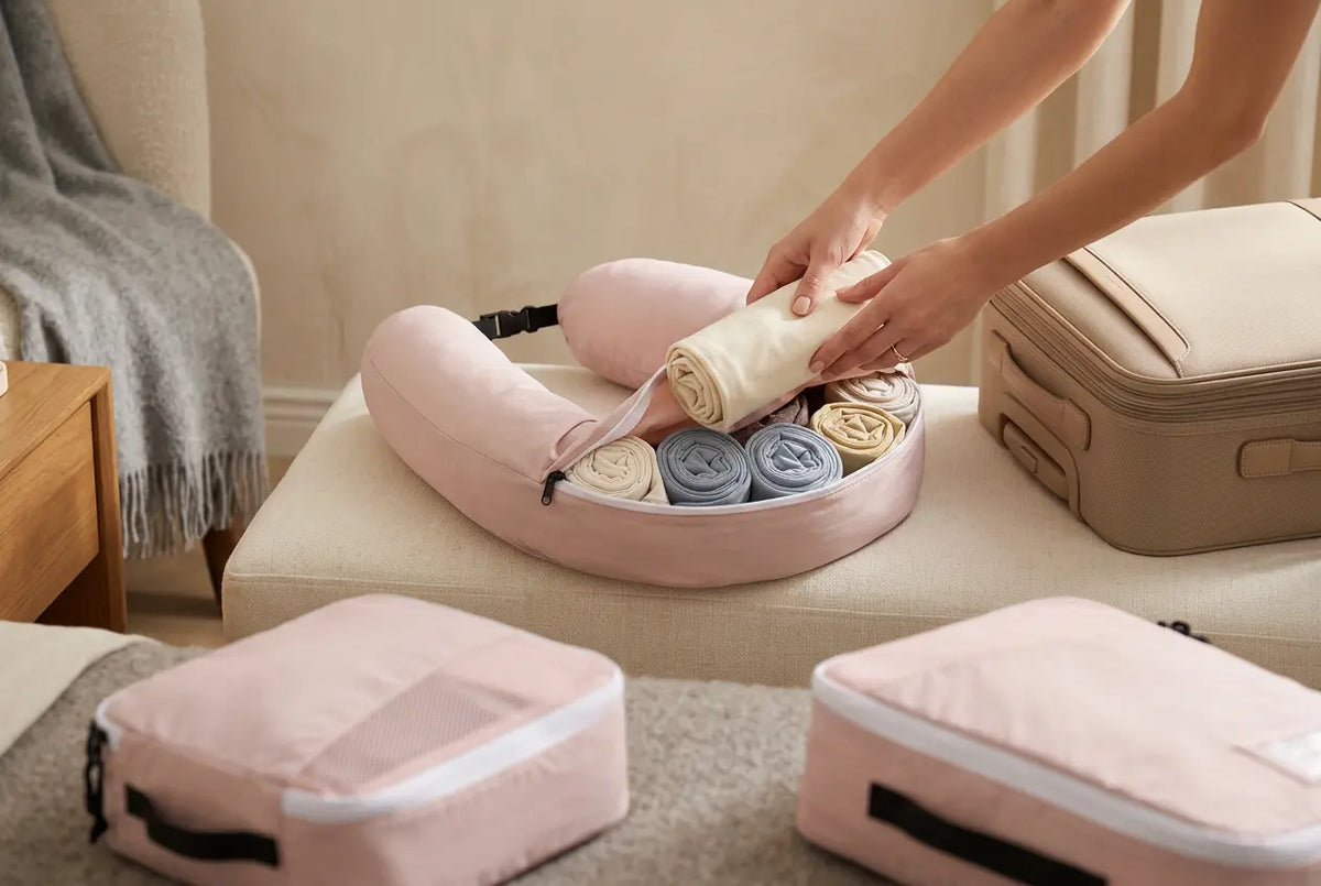 Housse de coussin de voyage EscaleCompact rose poudré garnie de vêtements roulés