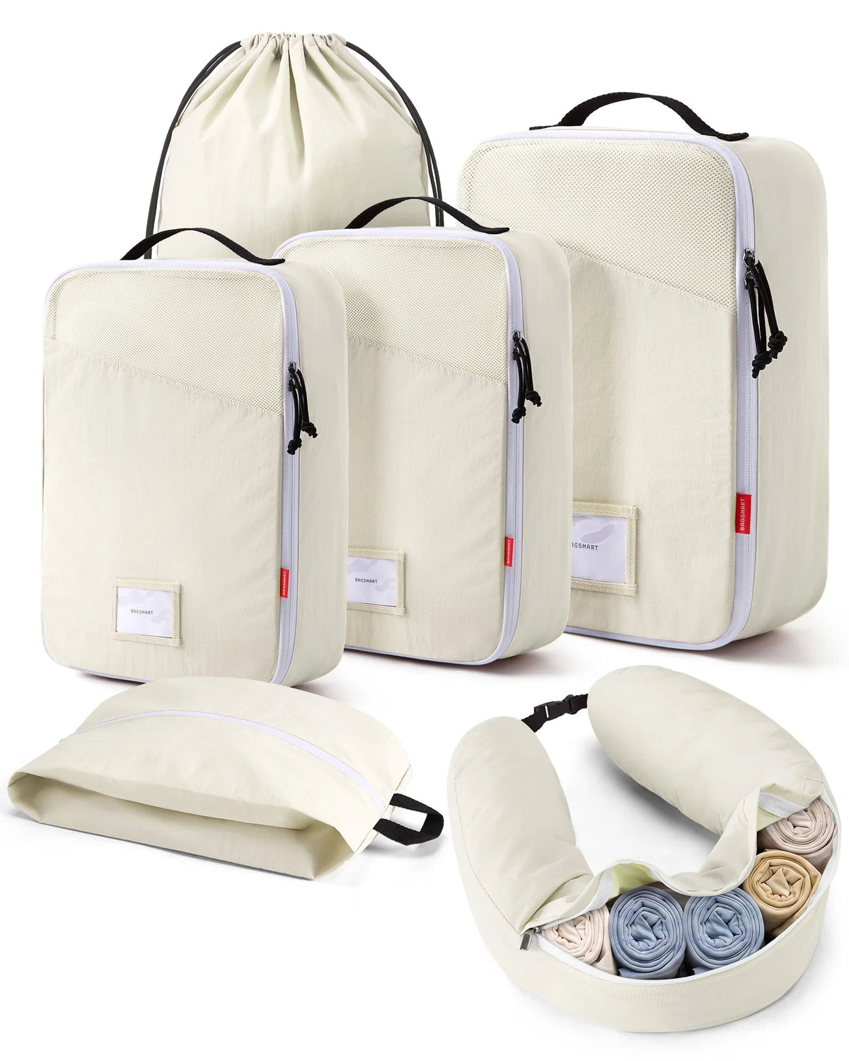 Kit EscaleCompact blanc avec trois cubes de compression pour vêtements et accessoires d’organisation de voyage