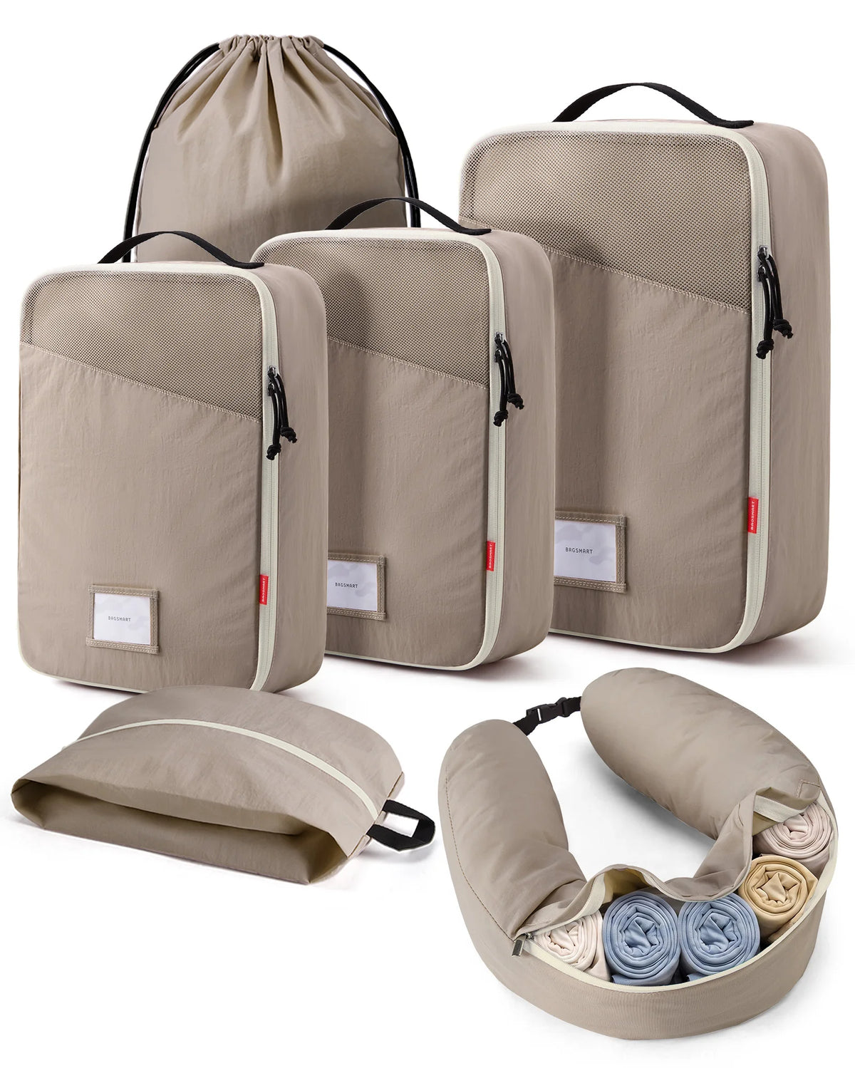 Kit EscaleCompact khaki avec trois cubes de compression pour vêtements et accessoires d’organisation de voyage