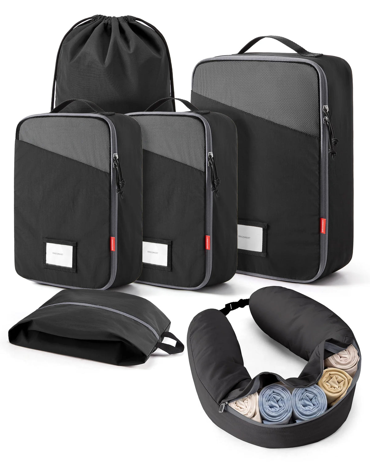 Kit EscaleCompact noir avec trois cubes de compression pour vêtements et accessoires d’organisation de voyage