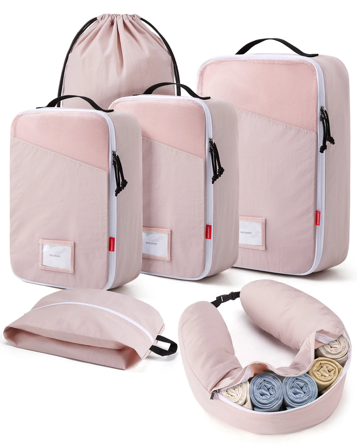 Kit EscaleCompact rose avec trois cubes de compression pour vêtements et accessoires d’organisation de voyage