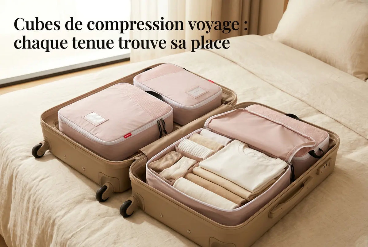 Cubes de compression voyage EscaleCompact rose poudré disposés dans une valise avec des vêtements rangés par catégorie