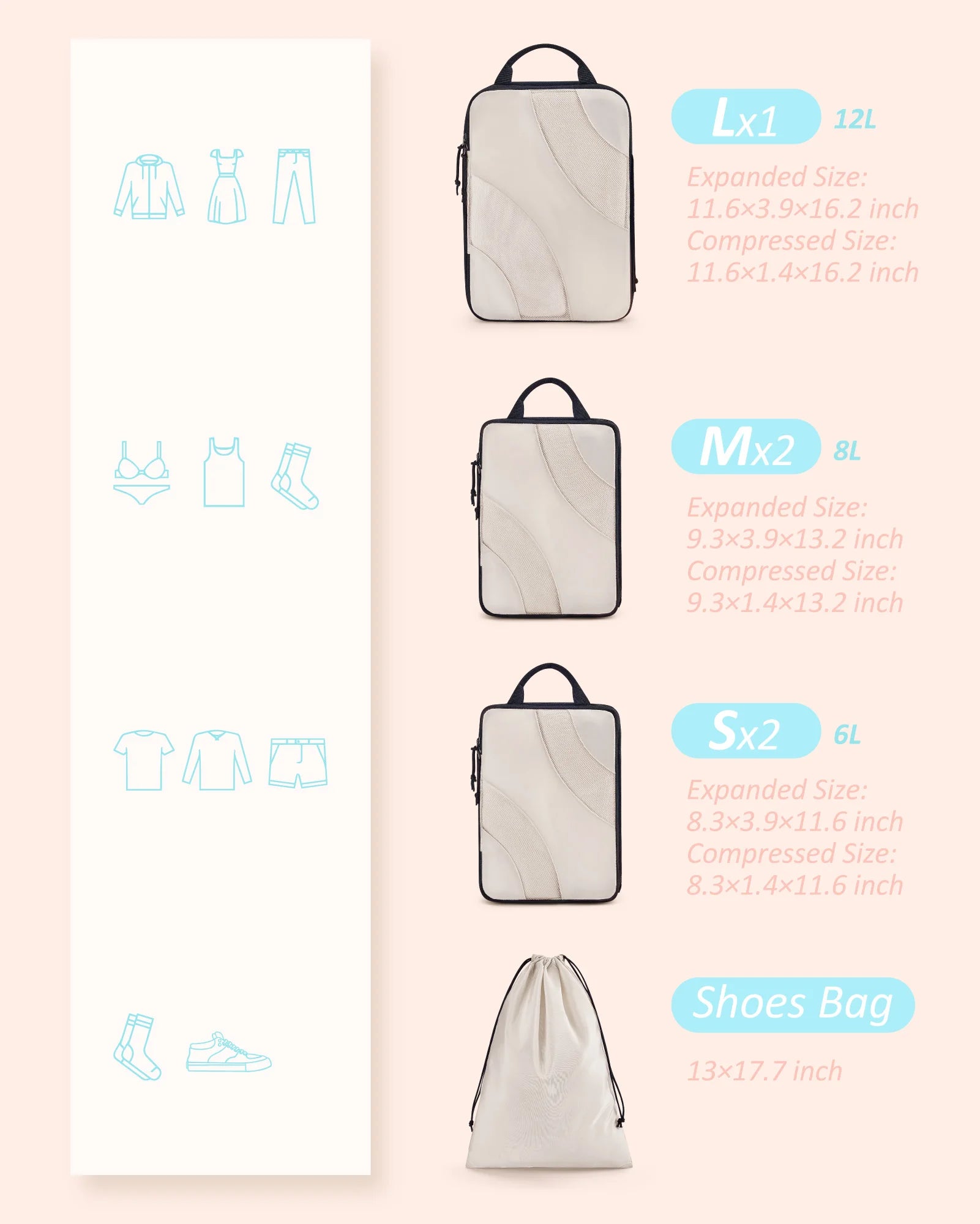 Organisateur de valise compressible avec cubes de rangement pour vêtements, gain de place jusqu’à 60 %, idéal voyage cabine et long séjour