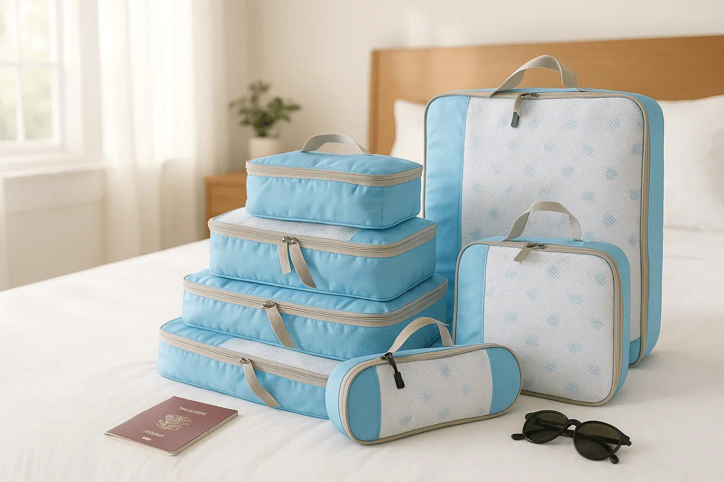 Set organisateur de valise compressible TravelPack™, sacs de rangement en polyester respirant, solution gain de place pour bagage cabine et long séjour.