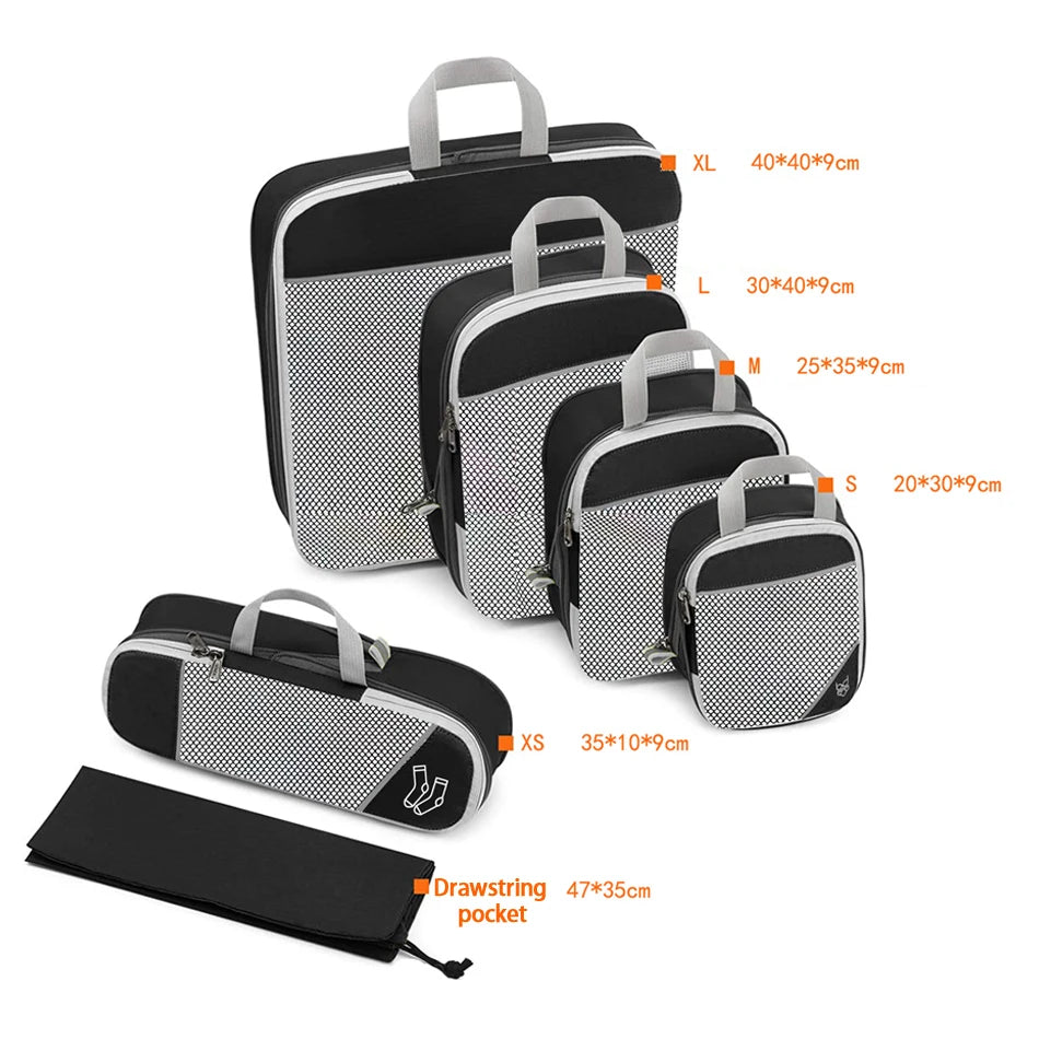 Cubes de rangement TravelPack™ set 6 pièces, organisateur de valise compression pour valise cabine, gain de place, vêtements organisés et sans froissements.
