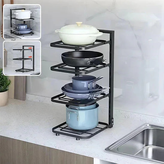 Étagère cuisine noire robuste pour ranger cocottes et poêles.

Organisation parfaite des casseroles dans l'étagère SmartCook™.

Détail du système de clips pour une hauteur réglable sur l'étagère.

Close-up sur la structure en acier inoxydable du range cocotte.

Étagère de cuisine remplie de divers ustensiles, wok et couvercles.

Fonctionnement du système à clipser pour ajuster les niveaux.

Étagère de rangement intégrée dans un placard de cuisine organisé.

Comparaison avant/après montrant le gain de place 