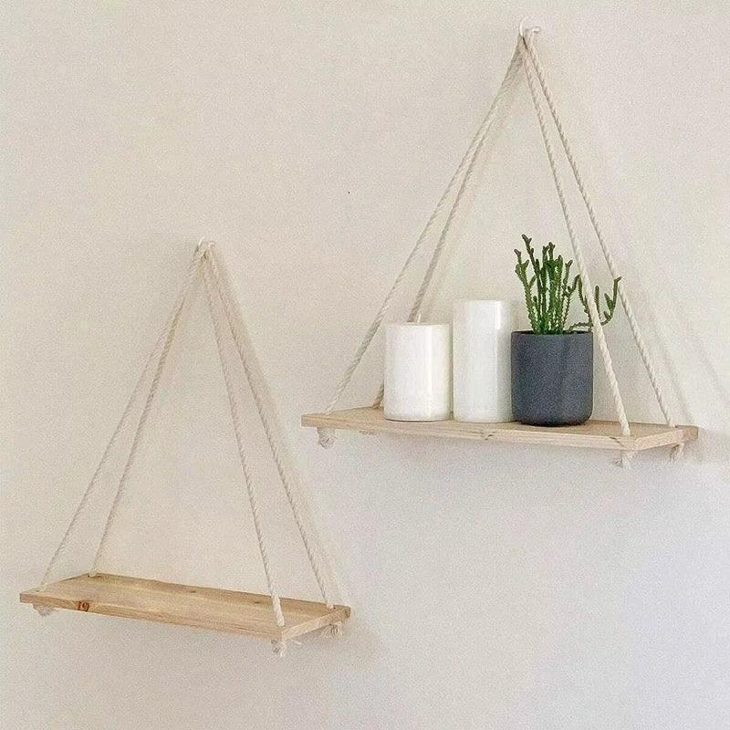 tagère murale design NaturaRack™ – suspension bois & corde, fixation sans perçage. Rangement chic pour plantes, cosmétiques, déco.