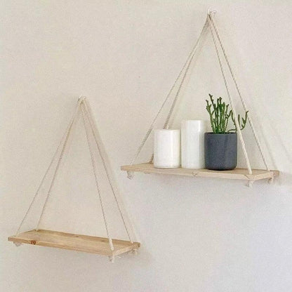 tagère murale design NaturaRack™ – suspension bois & corde, fixation sans perçage. Rangement chic pour plantes, cosmétiques, déco.