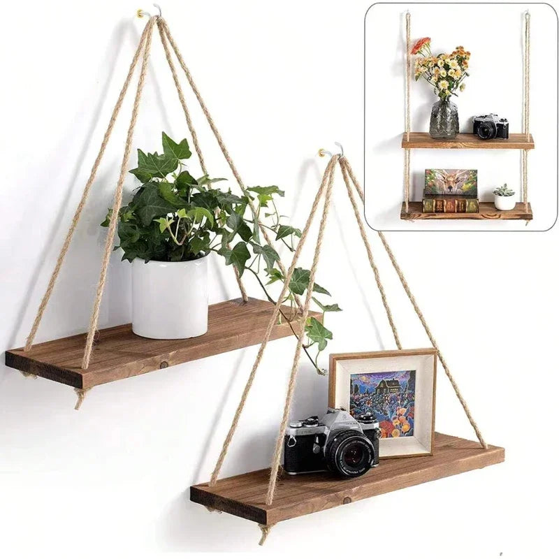 tagère murale design NaturaRack™ – suspension bois & corde, fixation sans perçage. Rangement chic pour plantes, cosmétiques, déco.