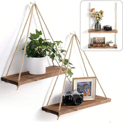 tagère murale design NaturaRack™ – suspension bois & corde, fixation sans perçage. Rangement chic pour plantes, cosmétiques, déco.