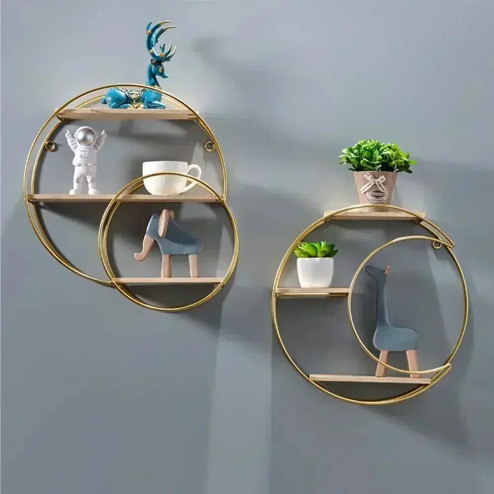 Étagère murale décorative GoldNordic™ en fer et bois doré, style nordique moderne, idéale pour bougies, plantes et objets décoratifs