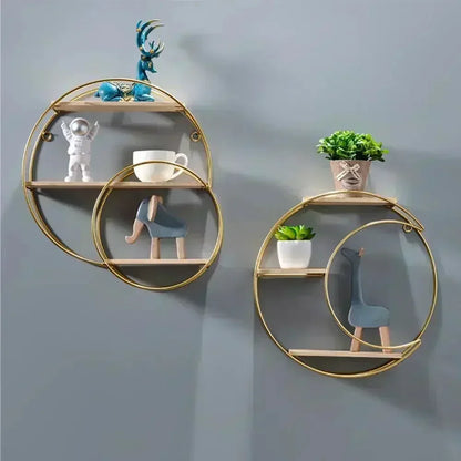 Étagère murale décorative GoldNordic™ en fer et bois doré, style nordique moderne, idéale pour bougies, plantes et objets décoratifs