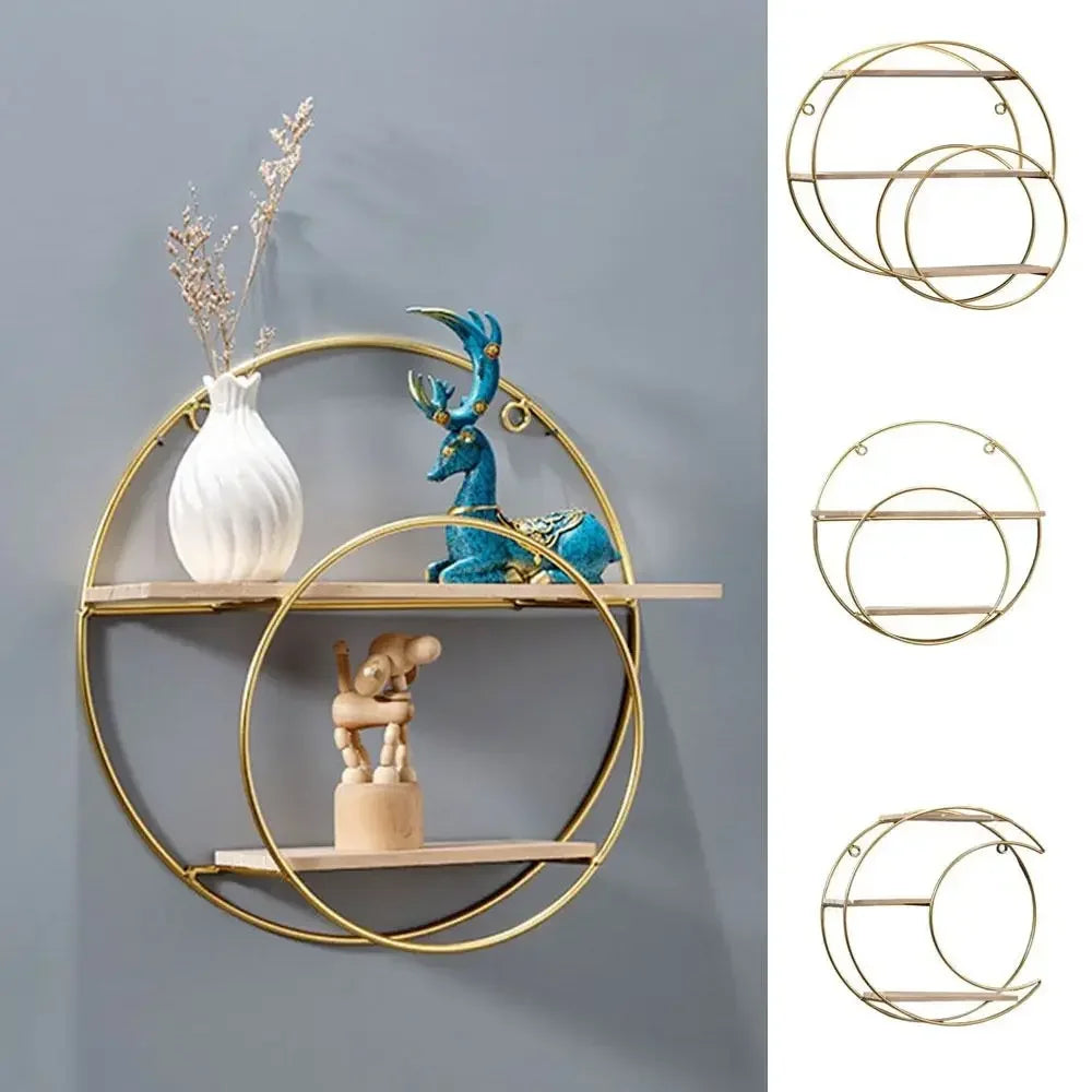 Étagère murale décorative GoldNordic™ en fer et bois doré, style nordique moderne, idéale pour bougies, plantes et objets décoratifs