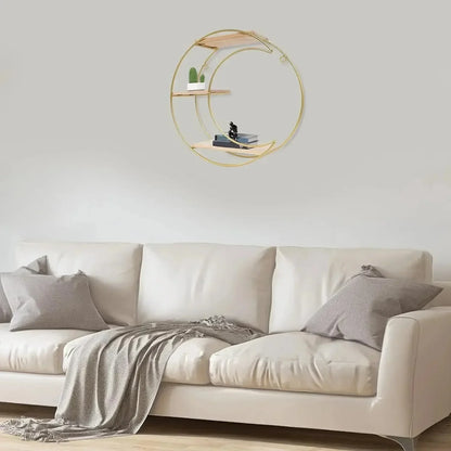 Étagère murale décorative GoldNordic™ en fer et bois doré, style nordique moderne, idéale pour bougies, plantes et objets décoratifs