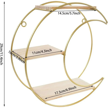 Étagère murale décorative GoldNordic™ en fer et bois doré, style nordique moderne, idéale pour bougies, plantes et objets décoratifs