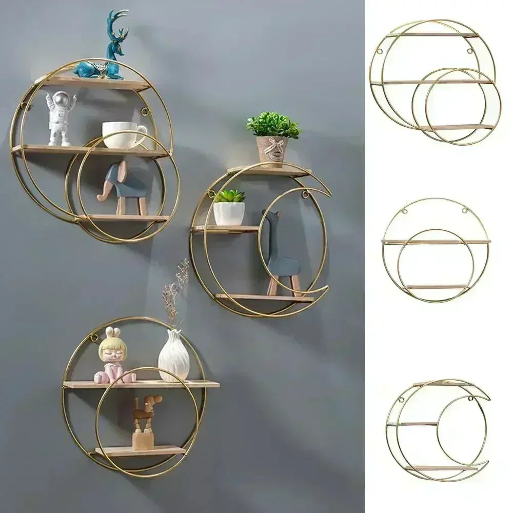 Étagère murale décorative GoldNordic™ en fer et bois doré, style nordique moderne, idéale pour bougies, plantes et objets décoratifs