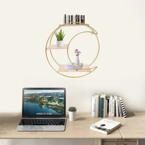Étagère murale décorative GoldNordic™ en fer et bois doré, style nordique moderne, idéale pour bougies, plantes et objets décoratifs